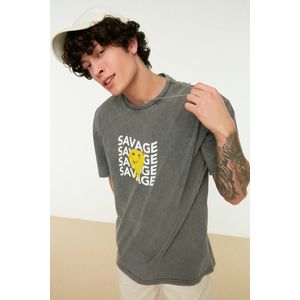 Trendyol Anthracite Relaxed/Comfortable Cut Faded Effect Text Printed 100% Cotton T-Shirt obraz