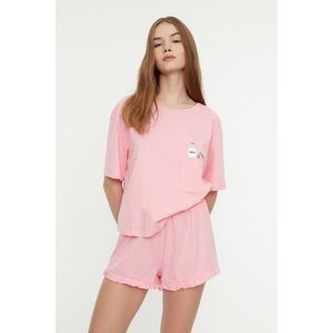 Trendyol Pink Cotton Printed T-shirt-Shorts Knitted Pajamas Set obraz