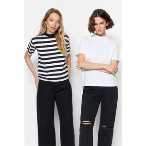 Trendyol White-Black and White Striped 2-Pack Basic Stand Up Collar Knitted T-Shirt obraz