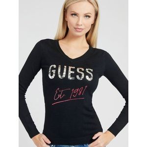 Černý dámský svetr s nápisem s ozdobnými detaily Guess Logo V Neck obraz