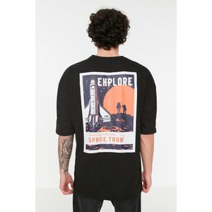 Trendyol Black Men's Oversize/Wide Cut Crew Neck Short Sleeve Space Print 100% Cotton T-Shirt. obraz