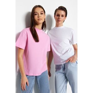 Trendyol Pink-White 2-Pack 100% Cotton Basic Stand Up Collar Knitted T-Shirt obraz