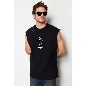 Trendyol Black Oversize/Wide Cut Far East Text Printed 100% Cotton T-Shirt/Athlete obraz