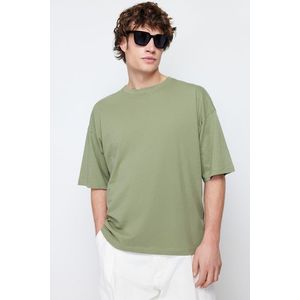 Trendyol Khaki Basic 100% Cotton Crew Neck Oversize/Wide Cut Short Sleeve T-Shirt obraz