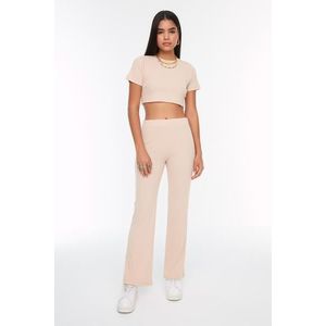 Trendyol Beige Crop Crew Neck Ribbed Stretchy Knitted Blouse and Trousers Top and Bottom Set obraz