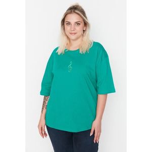 Trendyol Curve Green Wide Fit Embroidered Knitted T-Shirt obraz