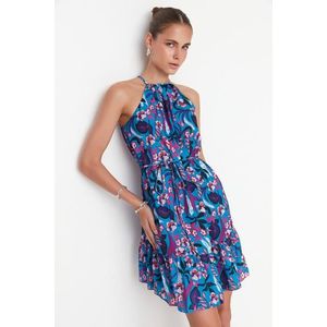 Trendyol modré květinové mini tkané šifonové šaty s podšívkou obraz