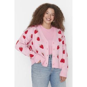 Trendyol Curve Růžový jahodový vzorovaný pletený svetr s výstřihem do V obraz