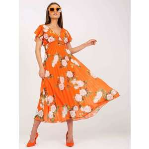 Oranžové květované řasené šaty v midi délce obraz