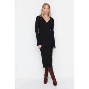 Trendyol Black Fake Knitwear Body-Fitting Polo Collar Maxi Ribbed Flexible Knitted Pencil Dress obraz