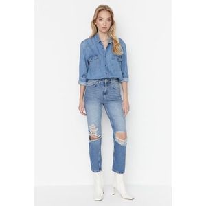 Trendyol modré roztrhané detailní rovné džíny s vysokým pasem obraz