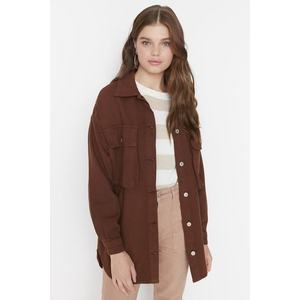 Džínová bunda Trendyol Brown s dvojitou kapsou ze 100% bavlny obraz