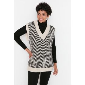 Trendyol béžový pruhovaný pletený svetr s výstřihem do V obraz