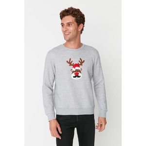 Trendyol Pánská šedá melírovaná pravidelně padnoucí mikina s vánočním potiskem z hustého fleecu obraz