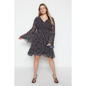 Trendyol Curve Black Plus Size Heart Patterned Double Breasted Neck Gimped Lined Woven Chiffon Dress obraz