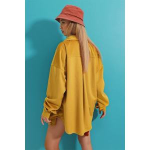 Trend Alaçatı Stili Women's Mustard Velvet Cotton Double Pocket Oversize Jacket Shirt obraz
