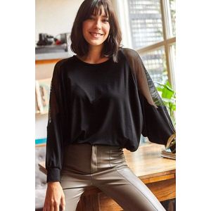 Olalook dámské černé lycrové pletené tričko s volnými rukávy a síťovinou obraz