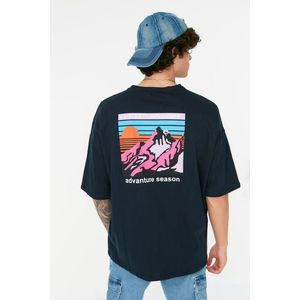 Trendyol Navy Blue Oversize/Wide-Fit 100% Cotton Crew Neck Short Sleeve Printed T-Shirt obraz