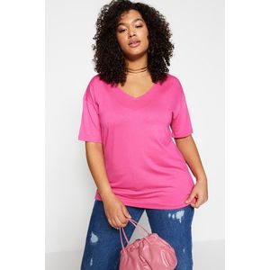 Trendyol Curve Pink Collar Detailed Knitted T-Shirt obraz