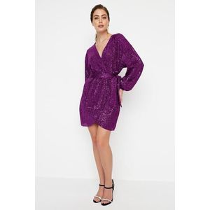 Trendyol Purple Belted Sequin Elegant Evening Dress obraz
