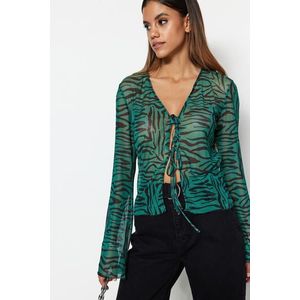 Trendyol Green Animal Patterned Lace-up Detailed Tulle Stretch Knitted Blouse obraz