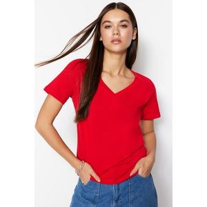 Trendyol červené 100% bavlněné základní pletené tričko s výstřihem do V obraz