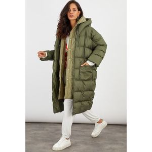 Chladný a sexy dámský khaki prošívaný dlouhý kabát s kapucí MX06 obraz