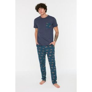 Trendyol Navy Blue Regular Fit Printed Knitted Pajamas Set obraz