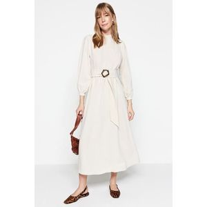 Trendyol Linen-Looking Woven Dress with Stand-up Collar in Ecru with a Belt obraz