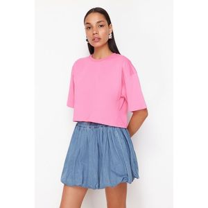 Trendyol Premium Pink 100% Cotton Basic Crop Knitted T-Shirt obraz