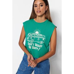 Trendyol Green 100% Cotton Printed Sleeveless Crop Crew Neck Knitted T-Shirt obraz
