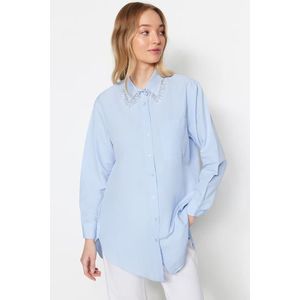 Trendyol modrá límečková tkaná bavlněná košile s detaily doplňků obraz