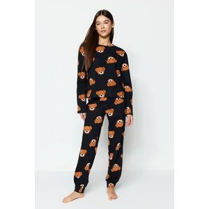 Trendyol černá 100% bavlna plyšový medvídek s potiskem trička-jogger pletené pyžamo obraz