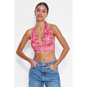 Trendyol Pink Printed Halterneck Fitted Super Crop Stretchy Knit Blouse obraz