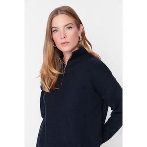 Trendyol Navy Blue Měkký texturovaný pletený svetr na zip obraz