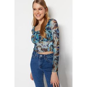 Trendyol Blue Patterned Fitted Crop Tulle Stretch Knitted Blouse obraz