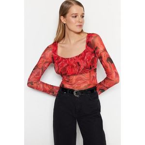 Trendyol Red Patterned See-through Back Fitted/Sticky Crop Tulle Stretch Knitted Blouse obraz