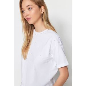 Trendyol White Half Sleeve Knitted T-shirt with Pearl Detailed obraz