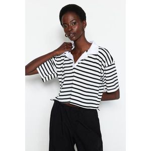 Trendyol Black Striped Relaxed/Wide, relaxed fit Crop Polo Neck Knitted T-Shirt obraz