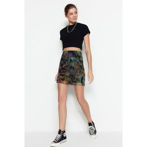 Trendyol Brown Printed Tulle High Waist Lined Mini Knitted Skirt obraz