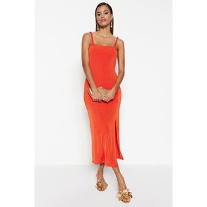 Trendyol oranžové lemované pletené lesklé elegantní večerní šaty obraz