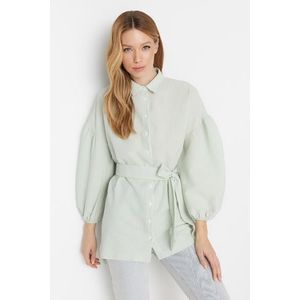 Trendyol Green Striped Belted Balloon Behind the Sleeves Long Woven Shirt obraz