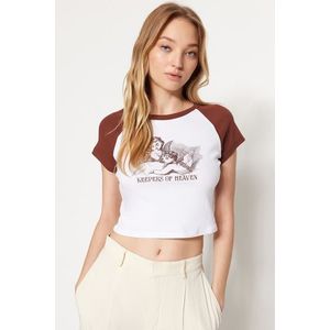 Trendyol Brown 100% Cotton Printed Fitted/Simple Crop Crew Neck Knitted T-Shirt obraz
