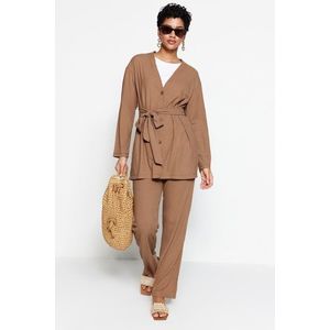 Trendyol Beige Front Fastening Detailed Knitted Tunic-Pants Suit obraz