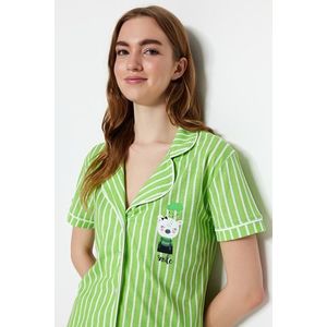 Trendyol Green Cotton Striped Animal Printed Shirt-Pants Knitted Pajama Set obraz