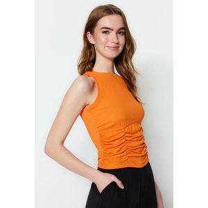 Trendyol Orange Shirring Detail Crispy Crop, Knitted Blouse obraz