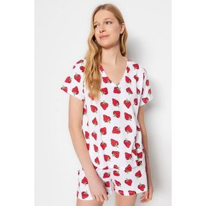 Trendyol White 100% Cotton Strawberry Patterned T-shirt-Shorts Knitted Pajamas Set obraz