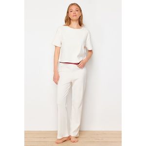 Trendyol Ecru Slogan Printed Rubber Detailed Corded Cotton T-shirt-Pants Knitted Pajamas obraz