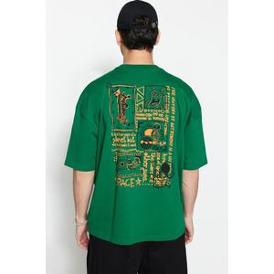 Trendyol Green Oversize/Wide-Fit 100% Cotton Back Printed Short Sleeve T-Shirt obraz