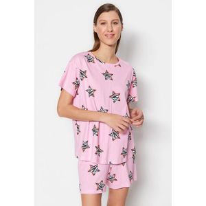 Trendyol Pink 100% Cotton Star Patterned T-shirt-Shorts Knitted Pajamas Set obraz